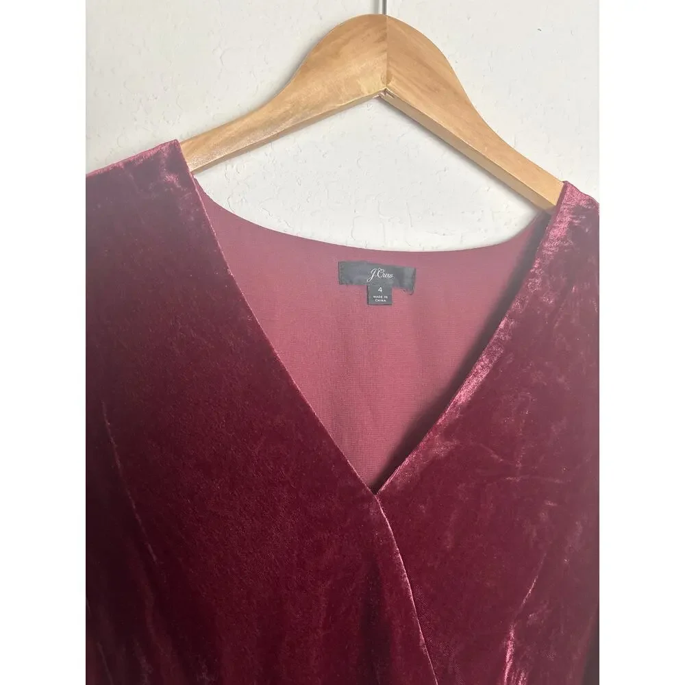 J.Crew Burgundy Velvet Wrap Style Peplum Top Tie Waist Long Sleeve Size 4